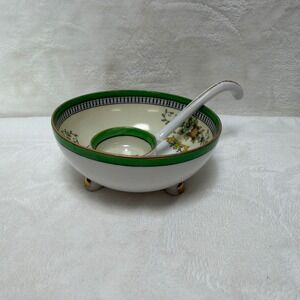 Noritake Roseara Footed Mayonnaise Bowl and Ladle Set Vintage Japan Green Gold